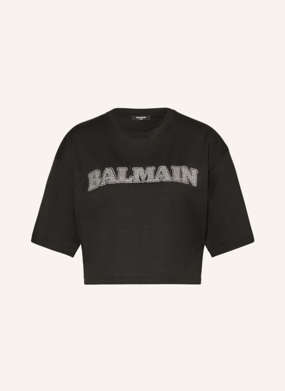 BALMAIN Cropped-Shirt mit Schmucksteinen SCHWARZ/ SILBER