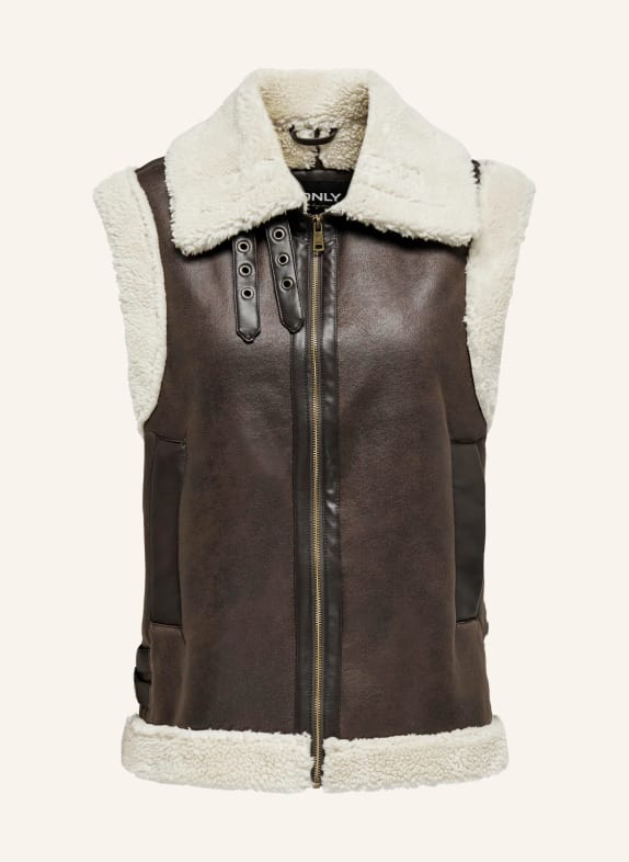 ONLY Gilet in leather look with teddy DARK BROWN/ ECRU