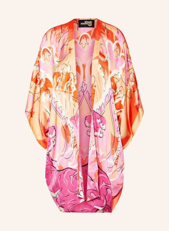 yippie hippie Satin kimono with 3/4 sleeves ORANGE/ PINK/ LIGHT YELLOW