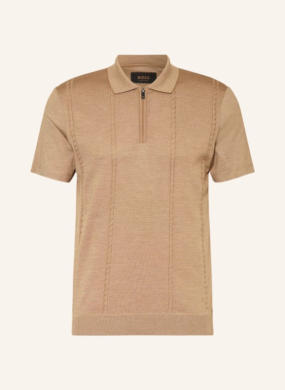 BOSS Knitted polo shirt PARKAU with silk LIGHT BROWN