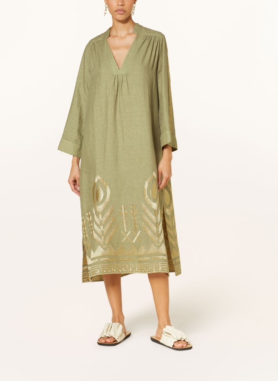 Greek Archaic Kori Beach dress FEATHER in linen with 3/4 sleeves LIGHT GREEN/ GOLD