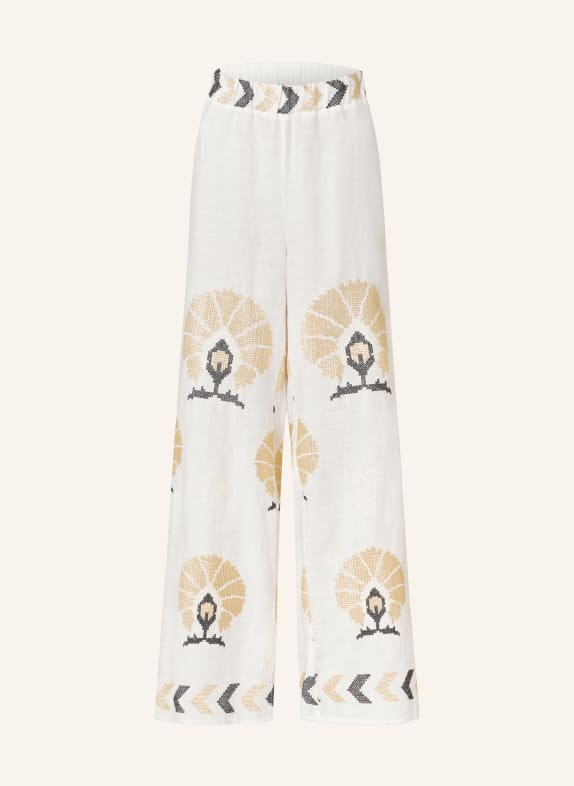 Greek Archaic Kori Linen trousers MINI PEACOCKS WHITE/ GOLD/ DARK BLUE