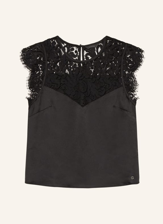 GUESS Blouse top MARIE made of satin with lace BLACK