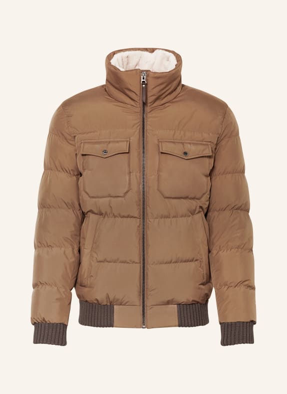 REISS Quilted jacket MIST with faux fur BROWN