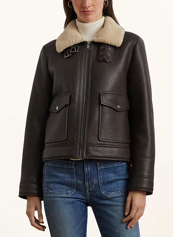 LAUREN RALPH LAUREN Jacke in Lederoptik mit Kunstfell DUNKELBRAUN