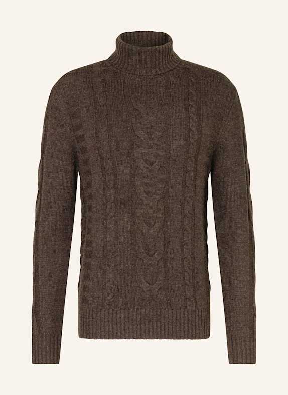 HACKETT LONDON Svetr s rolákem TMAVĚ HNĚDÁ