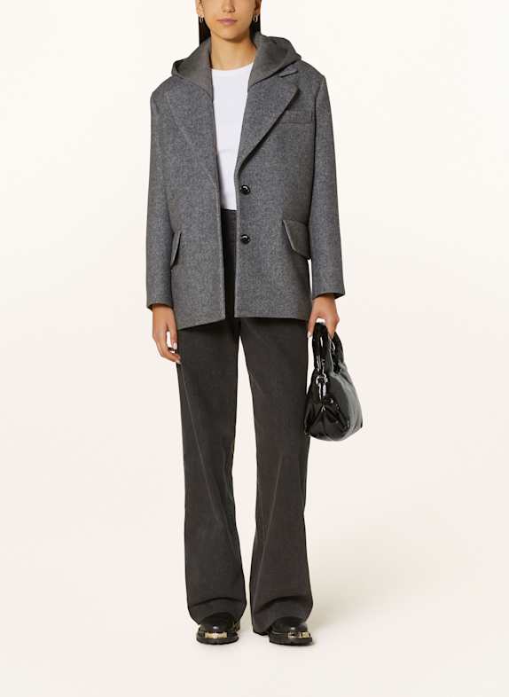 SANDRO Płaszcz wełniany z odpinanym kapturem SZARY/ CZIEMNOSZARY