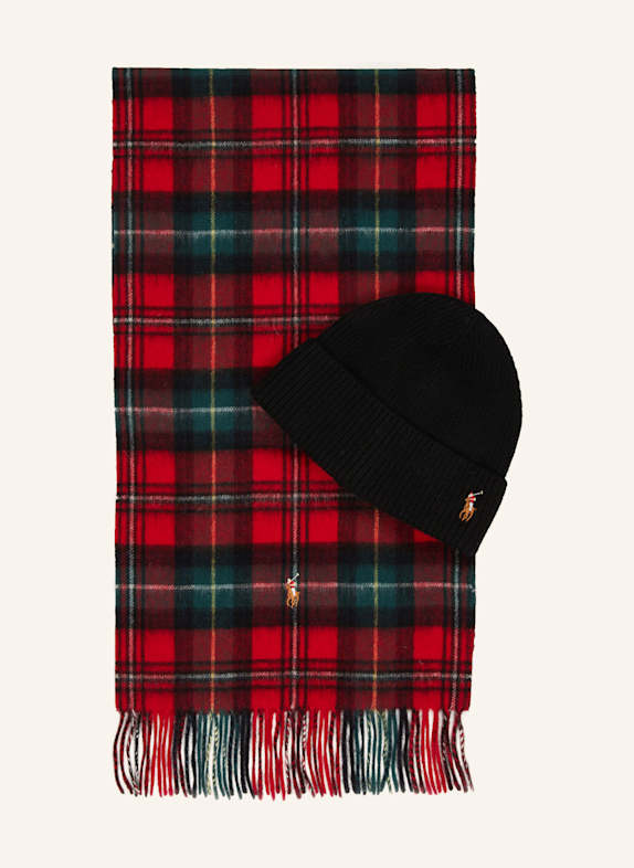 POLO RALPH LAUREN Set: Mütze und Schal mit Geschenkbox SCHWARZ/ ROT/ GRÜN