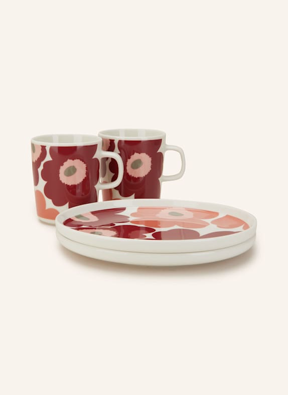 marimekko 4-tlg. Set OIVA/UNIKKO: Henkelbecher und Dessertteller WEISS/ DUNKELROT/ LACHS
