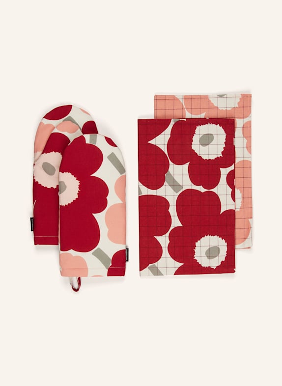 marimekko 2er-Set Topfhandschuhe und Geschirrtücher PIENI UNIKKO ECRU/ DUNKELROT/ HELLROT