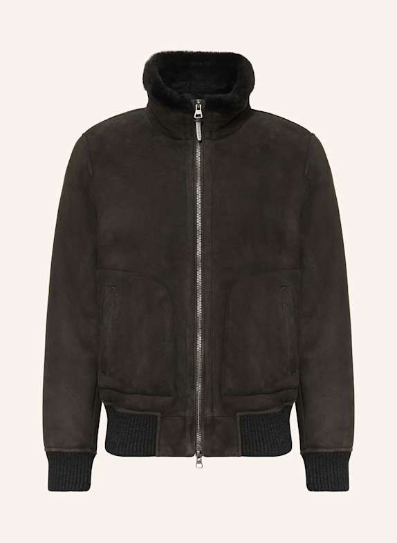 HACKETT LONDON Skórzany bluzon CIEMNOBRĄZOWY