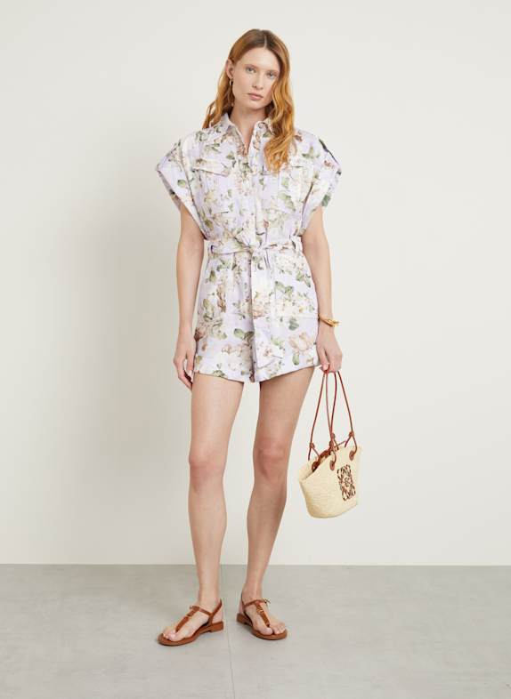 ZIMMERMANN Leinen-Jumpsuit ACACIA HELLLILA / GRÜN / WEISS