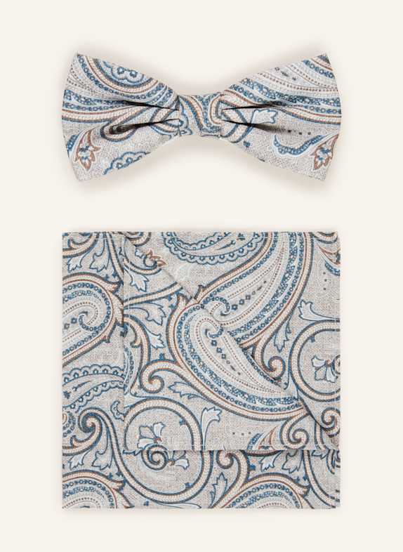 PAUL Set: Fliege und Einstecktuch HELLGRAU/ BLAU/ BEIGE