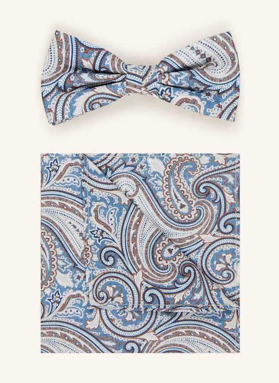 PAUL Set: Fliege und Einstecktuch WEISS/ BLAU/ HELLBRAUN