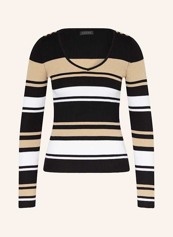 GUESS Pullover EVIE mit Glitzergarn und Schmucksteinen SCHWARZ/ WEISS/ GOLD