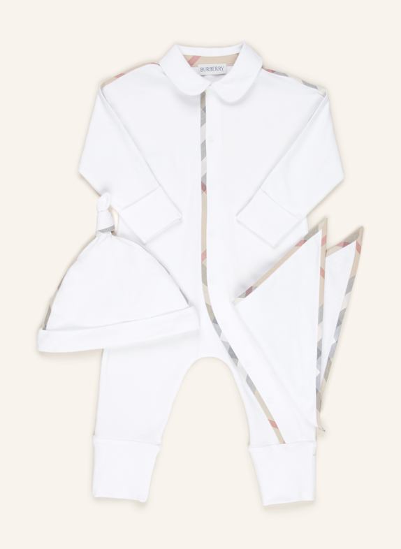 BURBERRY Set: Strampler, Mütze und Halstuch WEISS