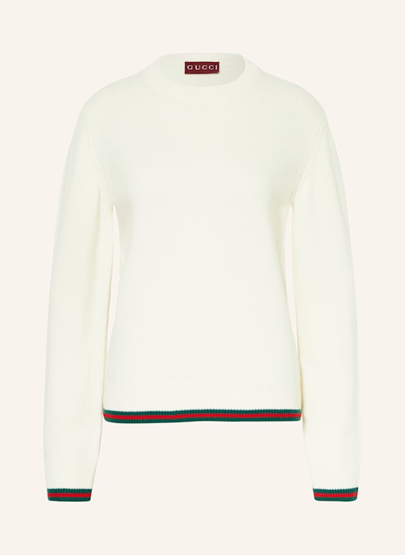 GUCCI Sweter z dodatkiem kaszmiru ECRU/ CIEMNOZIELONY/ CZERWONY