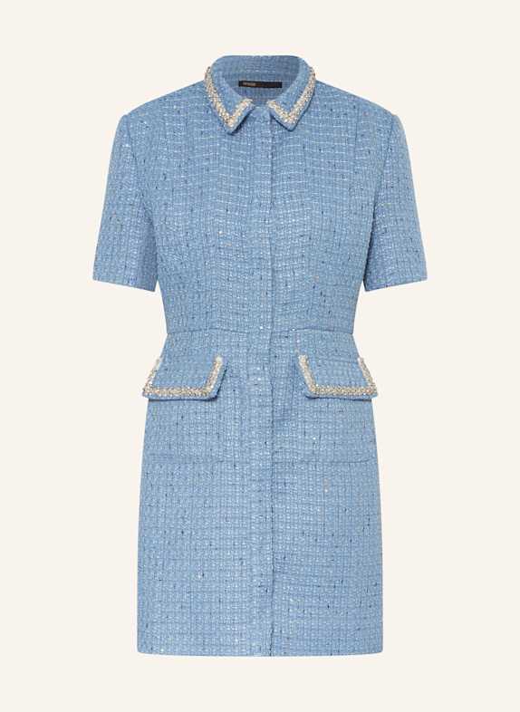 maje Tweed-Kleid mit Schmucksteinen und Pailletten HELLBLAU