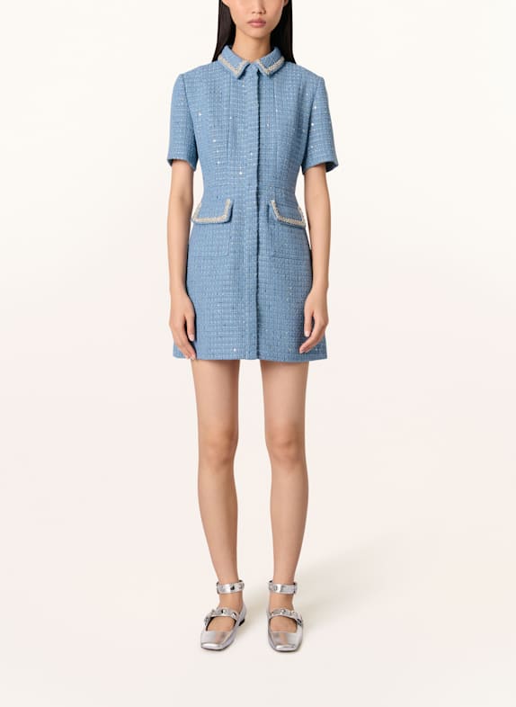 maje Tweed-Kleid mit Schmucksteinen und Pailletten HELLBLAU