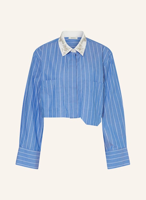 SANDRO Cropped-Hemdbluse mit Schmucksteinen BLAU/ WEISS