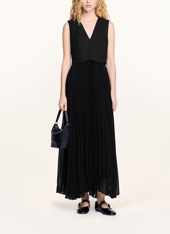 SANDRO Plisseekleid mit Leinen SCHWARZ