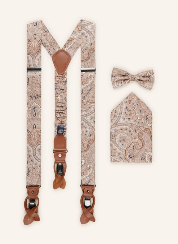 Prince BOWTIE Set: Suspenders, bow tie and pocket square BLUE/ BEIGE/ WHITE