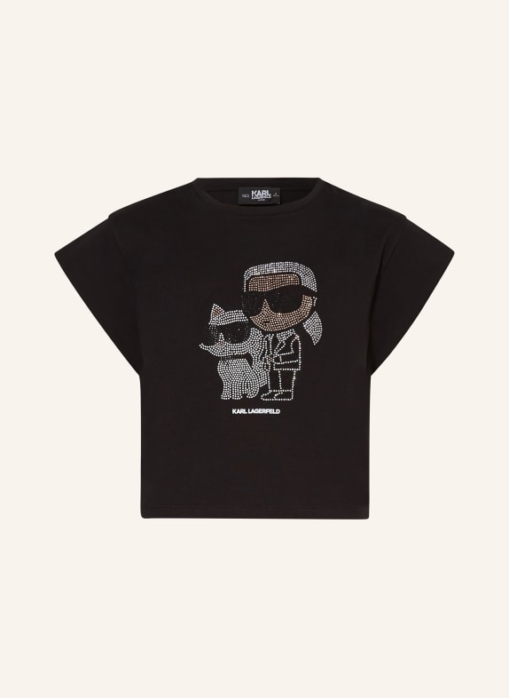KARL LAGERFELD KIDS Cropped tričko s ozdobnými kamínky ČERNÁ