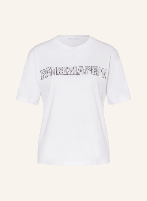 PATRIZIA PEPE T-Shirt mit Schmucksteinen WEISS/ GRAU/ SILBER