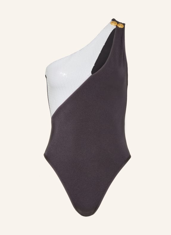 BALMAIN One-Shoulder-Badeanzug mit Pailletten WEISS/ SCHWARZ