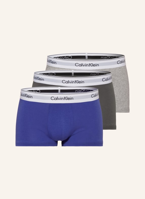 Calvin Klein Boxerky MODERN COTTON STRETCH Low Rise, 3 kusy v balení MODRÁ/ ŠEDÁ/ SVĚTLE ŠEDÁ