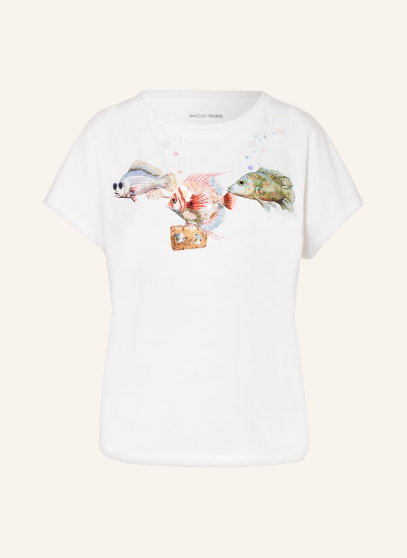 MARC CAIN T-shirt z cekinami i ozdobnymi perełkami 100 WHITE