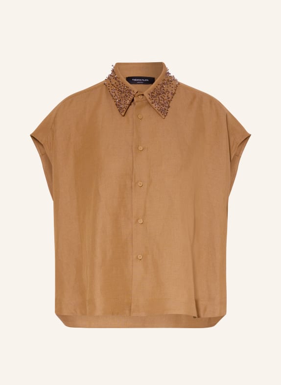 FABIANA FILIPPI Shirt blouse with linen and decorative gems LIGHT BROWN