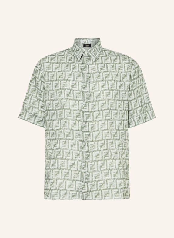 FENDI Lněná košile s krátkým rukávem Comfort Fit TMAVĚ ZELENÁ/ BÍLÁ