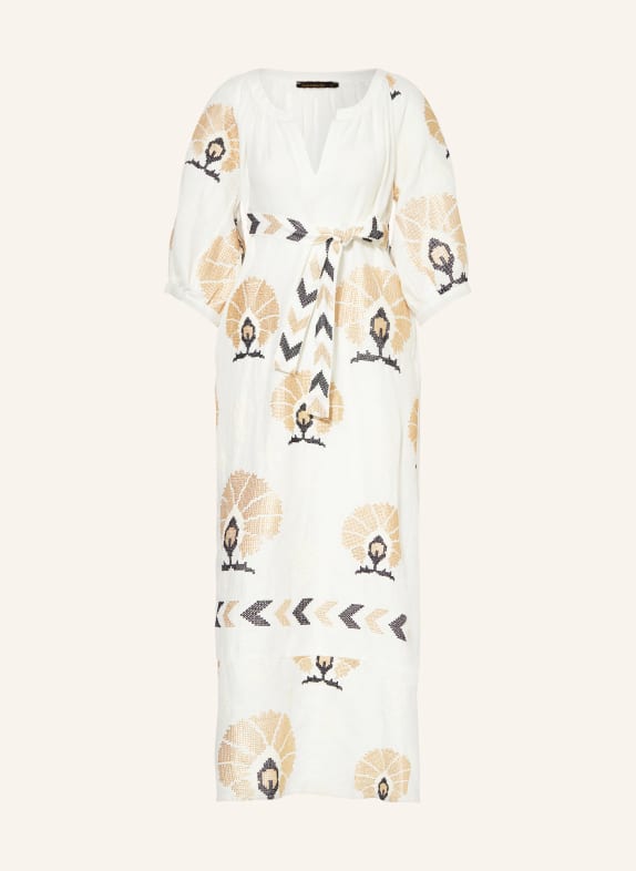 Greek Archaic Kori Beach dress MINI PEACOCKS in linen with 3/4 sleeves WHITE/ GOLD/ BLACK