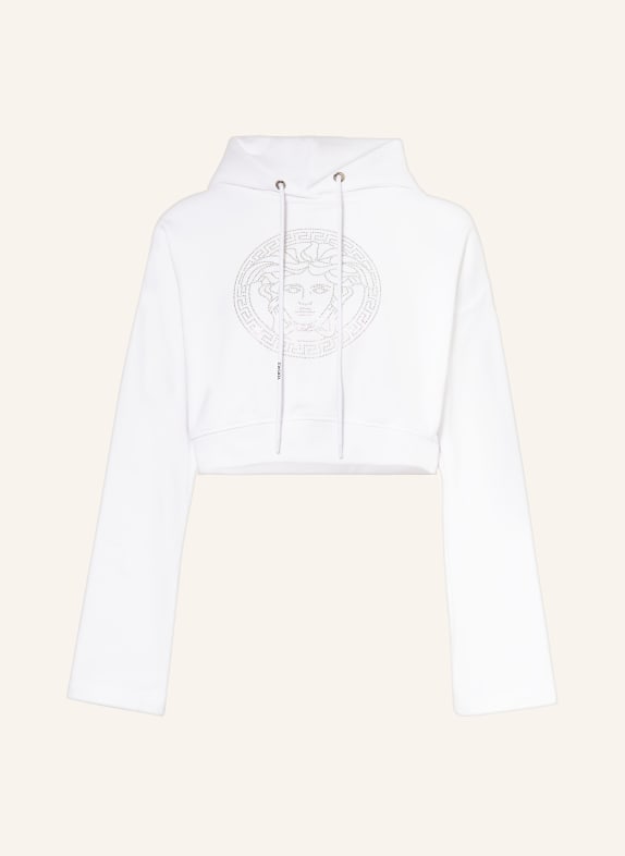 VERSACE Cropped hoodie with decorative gems WHITE