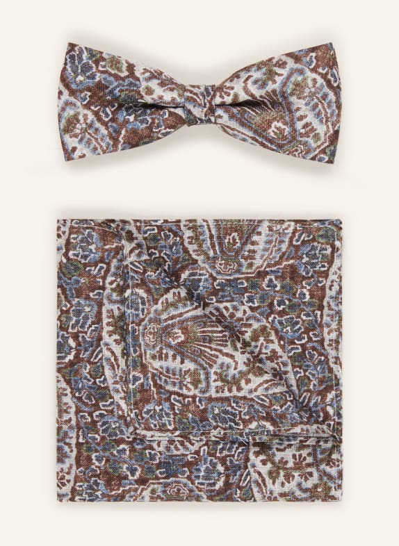 MONTI Set: Bow tie and pocket square BROWN/ CREAM/ BLUE