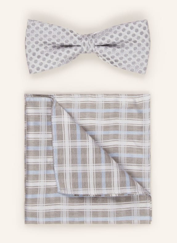 MONTI Set: Bow tie and pocket square TAUPE/ LIGHT BLUE/ WHITE