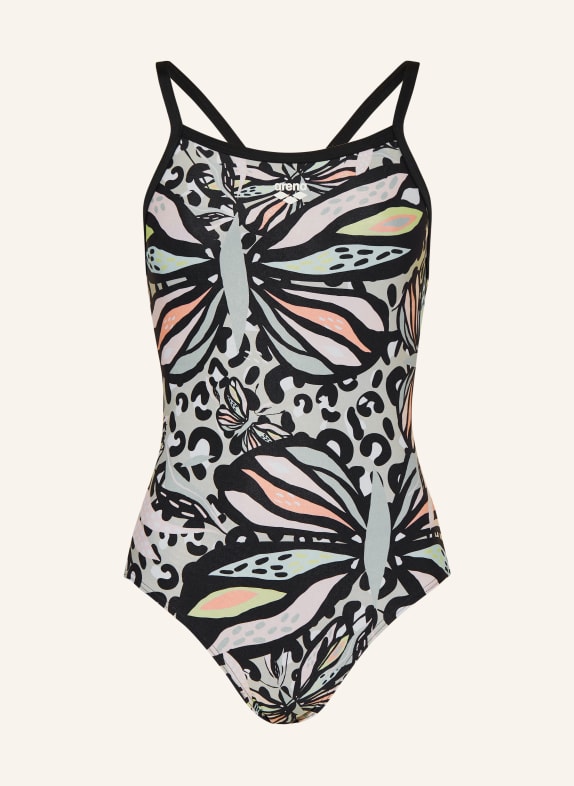 arena Swimsuit BUTTERFLIES with UV protection 50+ BLACK/ LIGHT GREEN/ LIGHT ORANGE