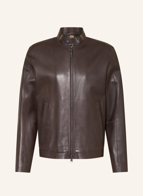 BOSS Leather jacket L-MIKERO DARK BROWN