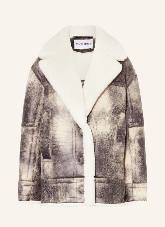 STAND STUDIO Jacke LOUISA in Lederoptik mit Kunstfell GRAU/ BEIGE