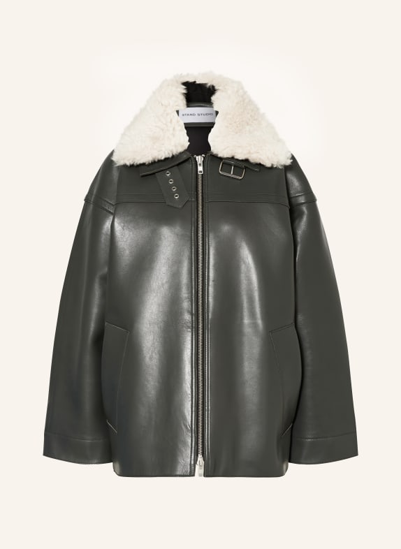 STAND STUDIO Lederjacke EMELIA mit abnehmbarem Kunstfell DUNKELGRÜN