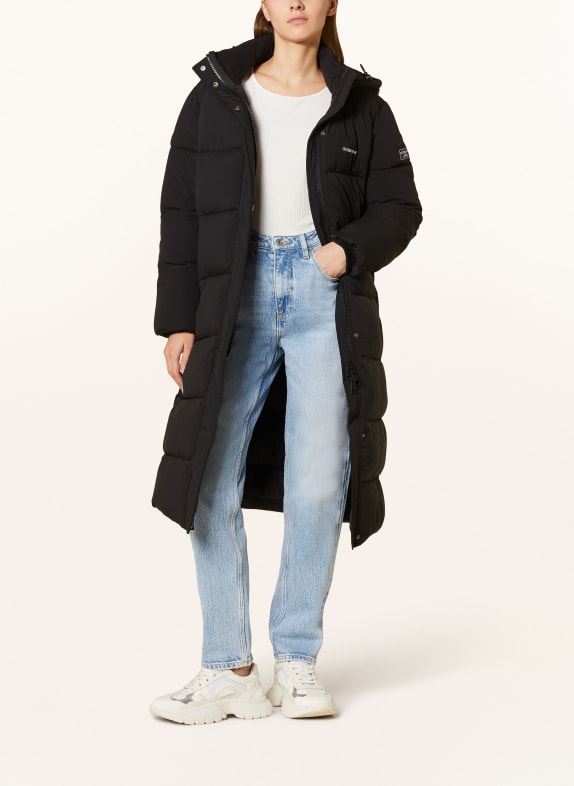 GUESS JEANS Quilted coat with removable hood BLACK