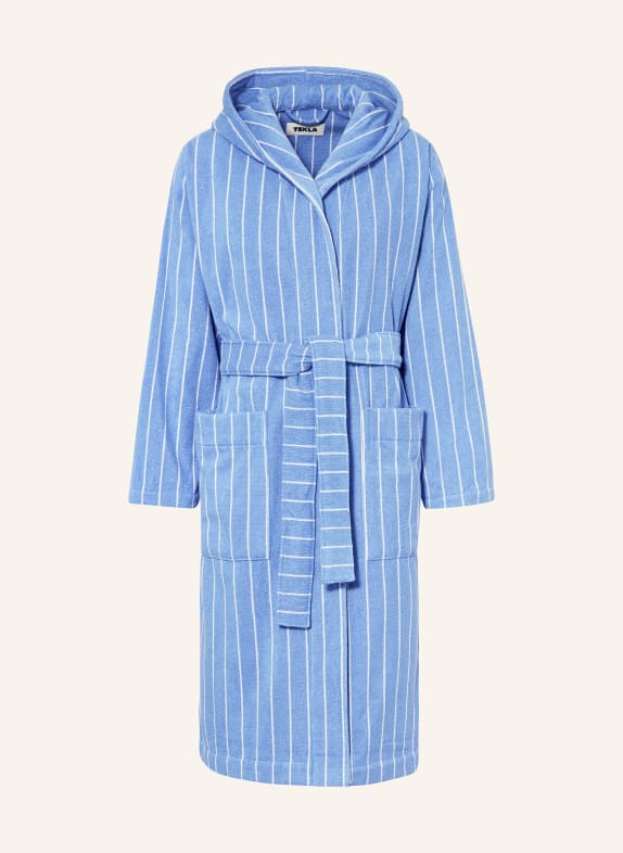 TEKLA Unisex bathrobe MARSEILLE with hood LIGHT BLUE/ WHITE