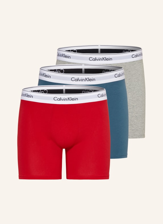 Calvin Klein Boxerky MODERN COTTON, 3 kusy v balení PETROLEJOVÁ/ SVĚTLE ŠEDÁ/ ČERVENÁ