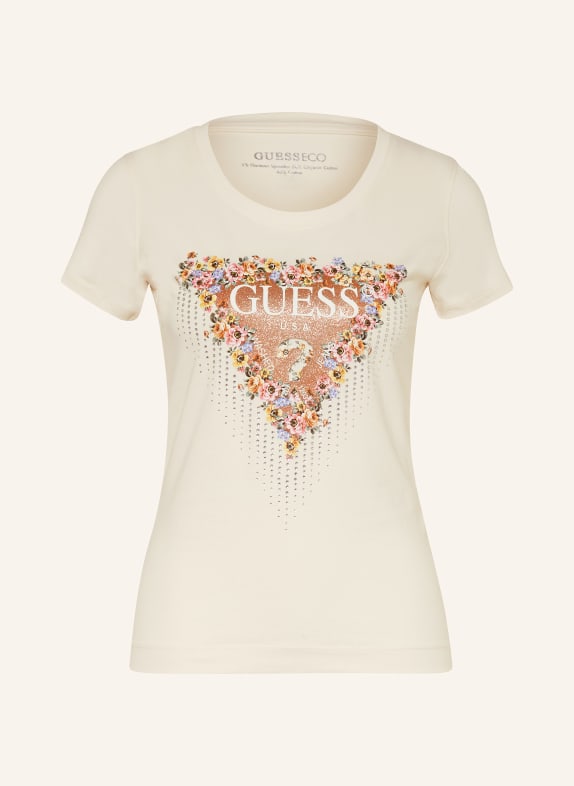 GUESS T-shirt with decorative gems CREAM/ BROWN/ SILVER