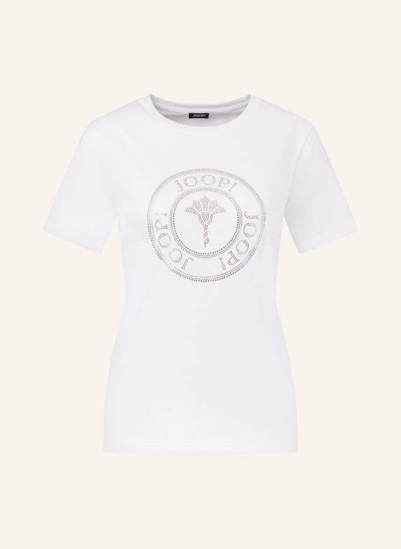 JOOP! T-shirt z obszyciem ozdobnymi kamykami BIAŁY/ RÓŻOWOZLOTY/ SREBRNY