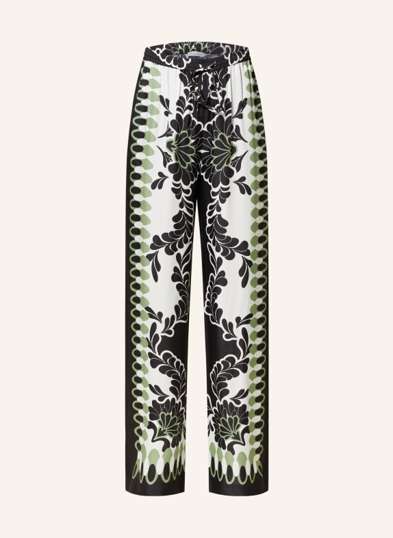 MRS & HUGS Wide leg trousers with silk BLACK/ WHITE/ LIGHT GREEN