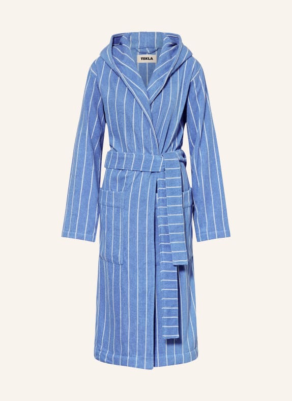 TEKLA Unisex bathrobe with hood BLUE/ WHITE