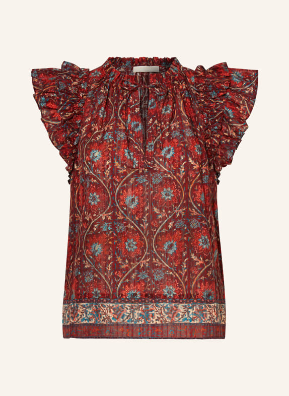 ULLA JOHNSON Shirt blouse FLEUR with ruffles DARK RED/ TURQUOISE/ YELLOW