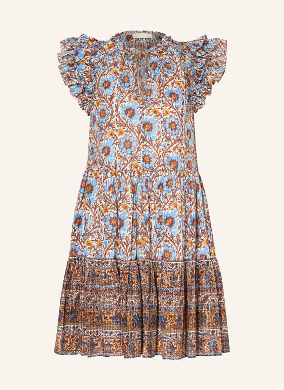 ULLA JOHNSON Dress COLETTA with ruffles BLUE/ WHITE/ BROWN